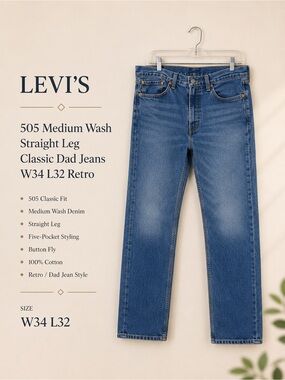 Levi’s 505 Medium Wash Straight Leg Classic Dad Jeans W34 L32 Retro